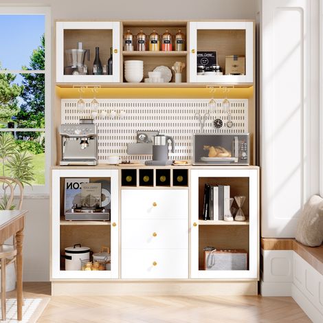 Meuble de rangement haut design, placard de cuisine avec éclairage LED intégré, armoire verticale pour séjour, buffet avec cave à vin et système anti-chute, tablettes modulables, finition blanche (1/5)