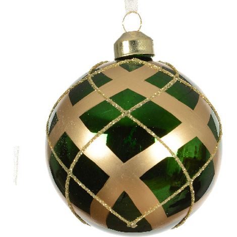 Kaemingk – Boule de Noël motif écossais vert et doré – Verre, Ø 8 cm