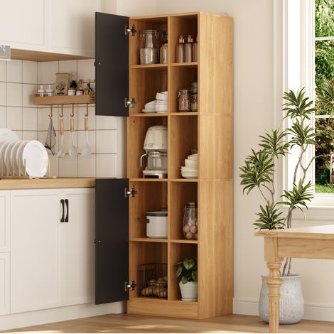 Armoire d'angle en MDF et panneau de particules, 6 étagères ouvertes, 2 portes, tablettes réglables, rangement cuisine ou salon, 50 x 35,5 x 170 cm, noir et bois clair CHICFURN (1/5)