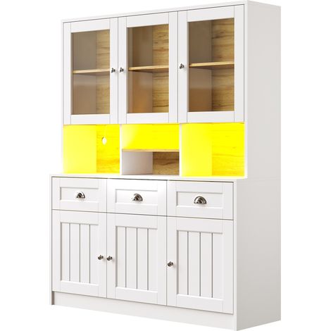 Credenza alta cucina 140x40x175 cm in MDF bianco con LED e ripiani regolabili (1/5)