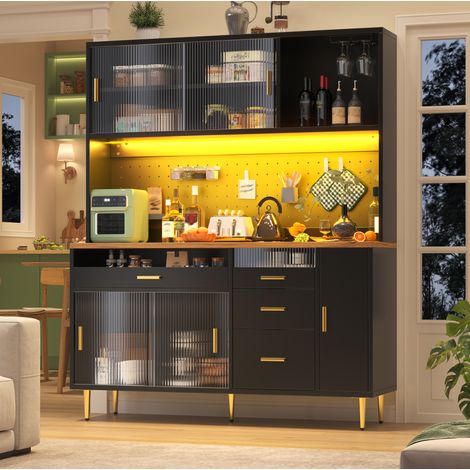 Hoher schwarzer Schrank 145 x 39 x 171 cm mit LED, Glasschiebetüren, verstellbaren Böden, OKWISH (1/5)
