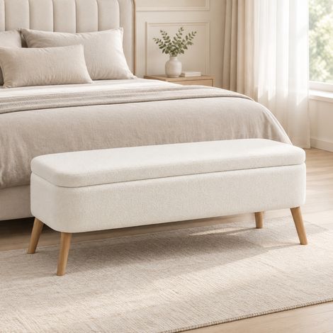 Banco arcón 65 L, 120 x 42 x 45 cm, tejido fleece, madera de caucho, crema blanco DESVIAE (1/5)