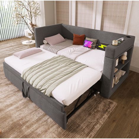 Lit de jour rembourré 90x190 cm avec lit gigogne, USB et Type-C, porte-gobelets, gris OKWISH (1/5)