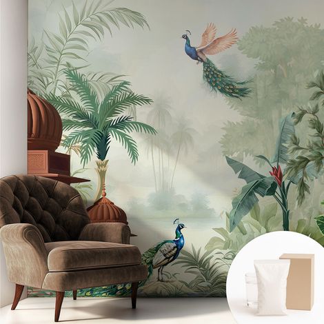 Papier peint intissé mural pour salon chambre à coucher tendance et originale - Colle incluse gratuite Jardins de paons 250x250 cm (1/5)