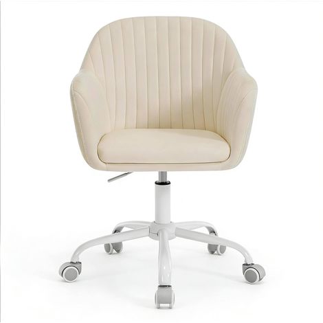 Sedia da ufficio ergonomica in velluto bianco crema con ruote e altezza regolabile (1/5)