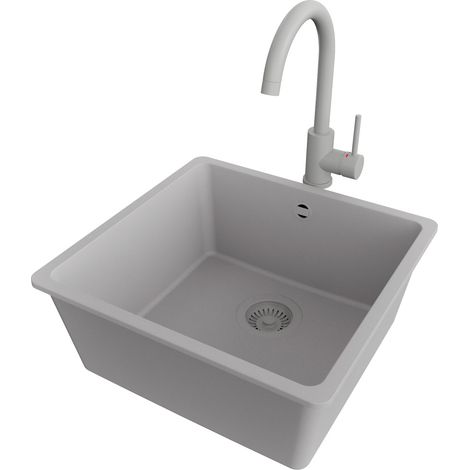 PRIMAGRAN Evier Cuisine en Granit 46x44cm,Lavabo 1 bac + Robinet 32x20cm + Kit de Vidage, Évier à Encastrer au meuble 50cm - Venise Slim Easy, Gris (1/5)