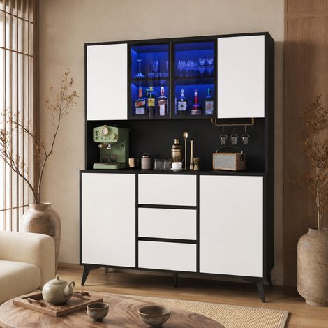 Armario de cocina 120/40/160 cm negro y blanco con LED regulable por app, vitrina y portavasos (1/5)