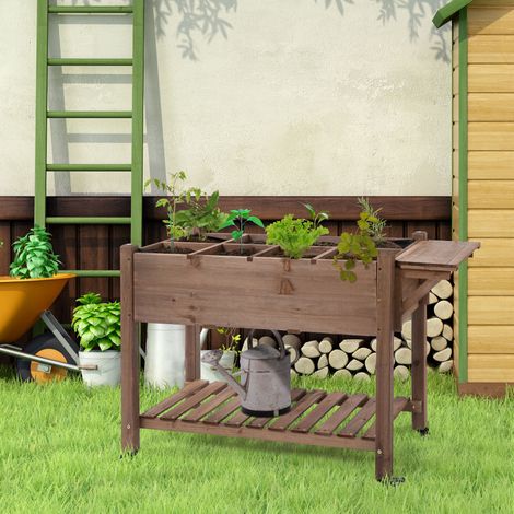 Outsunny Hochbeet – Gemüsegarten auf Rädern – inklusive Ablage, klappbarem Deckel, Bewässerungseinsätzen und Drainagefilz – vorgeöltes Tannenholz