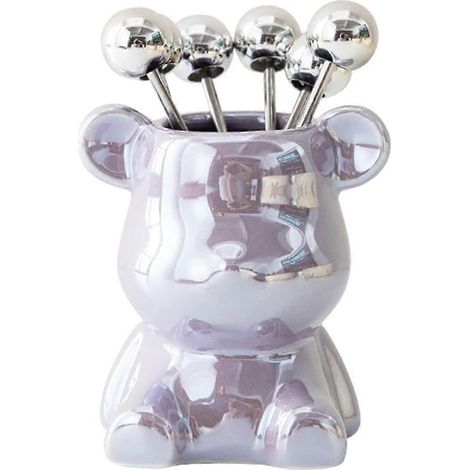 Ensemble de 6 fourchettes à apéritif en acier inoxydable, mini fourchettes à fruits et cocktail en forme d'ours, violettes, parfaites pour les fêtes. (1/5)