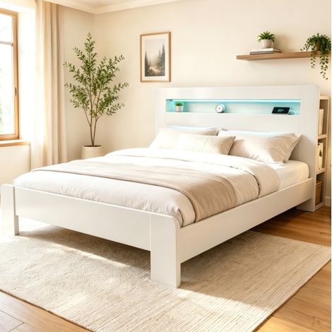 lit adulte rangement led 180x200 bois panneau blanc HAVRYA (1/5)