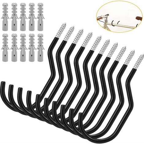 Lot de 10 crochets pour vélo Crochets de Rangement pour vélo Crochets de Vélo à Grande Capacité Crochet de Bicyclette Ensemble de Crochet Monté - Noir - Pour fixation murale ou au plafond (1/4)