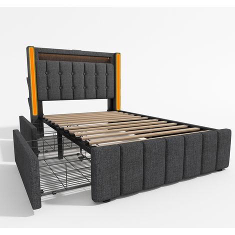 Cama tapizada gris 90x200 cm con LED, USB-C, 2 cajones y somier de madera (1/5)