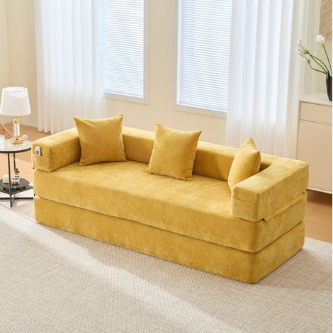 Sofá modular de chenilla amarillo mostaza con bolsillos laterales, 198 x 79 x 60 cm DESVIAE (1/5)