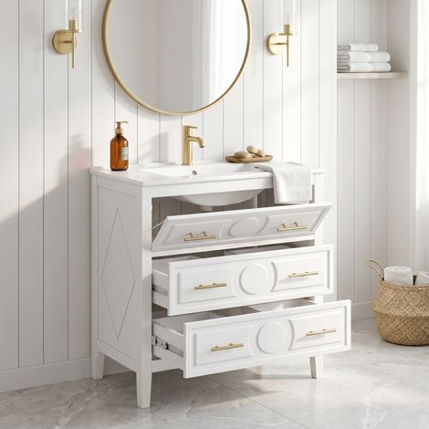 URBAN MEUBLE Meuble de Salle de Bain Retro 81cm avec Vasque Céramique, 3 Tiroirs Soft-Close, Blanc (robinet non inclus)