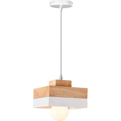 Suspension Lustre Moderneen Carre,E27 Lampe de Plafond Vintage Abat-jour en Bois Metal Lustre Suspension Industriel,18x18cm (1/5)