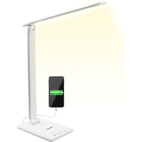Monzana – Lampe de bureau LED 12W avec port USB – 5 niveaux de luminosité – Couleurs de lumière ajustables – Bras multiarticulé pour orientation personnalisée