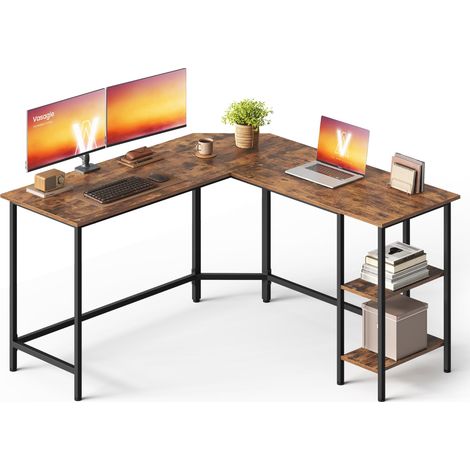 Bureau d'Ordinateur en Forme de L, 140 x 140 x 76 cm, Bureau d'angle avec 2 Étagères, Gain de Place, pour Jeu, Marron Rustique et Noir d'encre (1/5)