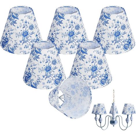 Kleiner Kronleuchter-Lampenschirm im Chinoiserie-Stil mit Toile-de-Jouy-Muster, zum Aufclipsen für Kronleuchter oder Wandleuchten, Blumenmuster, 5 kommaförmige Elemente, 130 mm (1/4)