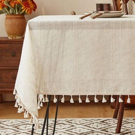 Nappe unie aspect lin naturel (100x140 cm) – Avec rayures et franges subtiles, style campagnard pour table à manger et table basse