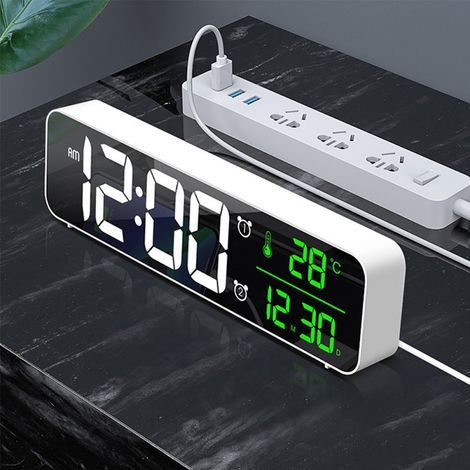 Réveil numérique LED avec affichage de la température et de la date, horloge de chevet, horloge murale, miroir, 40 mélodies, 2 alarmes, 6 niveaux de luminosité et 4 niveaux de volume. (1/5)