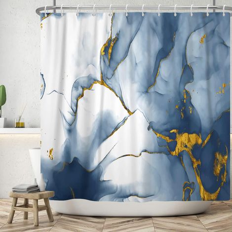 183x183cm Rideau de Douche en marbre Ombre Bleu Encre marbre Rideau de Bain Aquarelle Bleu avec Motif Or Rideaux de Douche Rideau de Baignoire étanche (1/5)