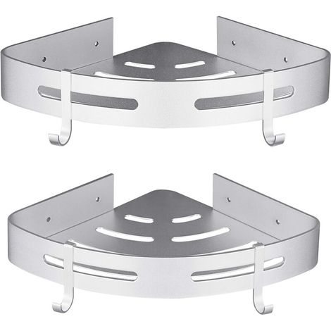 No Drilling Corner Shower Shelf Bathroom Accessory Aluminum Set of 2 Silver with Hooks (1/5)