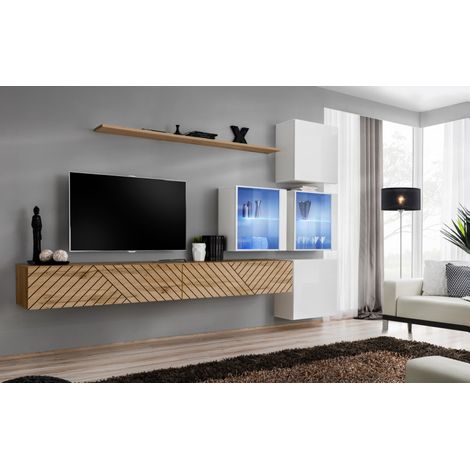 Ensemble de 7 meubles muraux "Switch XIX" pour TV en bois - Beige et Blanc - L 310 x H 200 x P 40 cm - Livraison gratuite