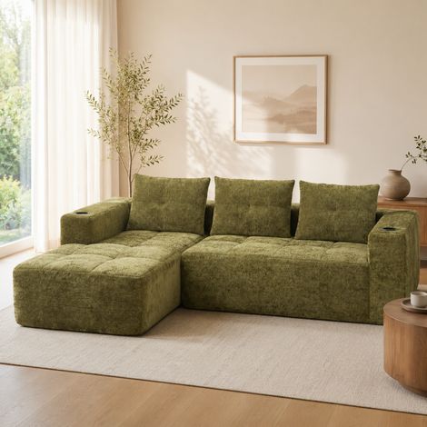 Canapé d’angle Chenille Grün 258 cm, gepolstertes L-Sofa mit Becherhaltern