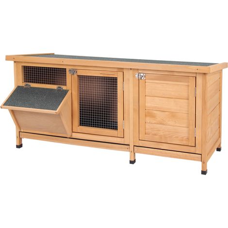 Clapier en bois résistant à l'hiver, 112 x 50 x 54 cm, toit en bitume, 2 portes, grillage métallique, convient aux lapins et aux cochons d'Inde, usage extérieur, naturel/noir