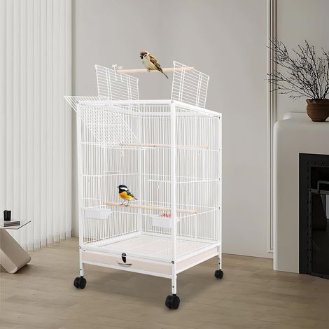 Vogelkäfig, 46 x 46 x 94 cm Vogelvoliere mit 3 Sitzstangen für Wellensittiche, Vogelkäfige mit Rädern Zuchtkäfig für Papageien mit Spieldacha (1/5)