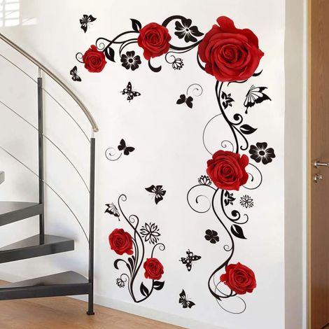 Autocollant mural papillon fleur rose rouge, autocollant mural vigne fleur d'un mètre, autocollant mural auto-adhésif pour salon et chambre (1/5)