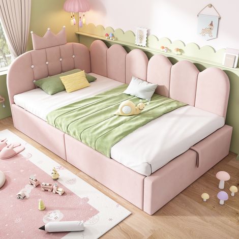 Lit Banquette capitonnée 90 x 200 cm, canapé-lit avec rangement hydraulique avec à motif de couronne - velours -rose (1/5)