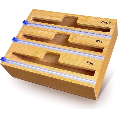 Dispenser per pellicola alimentare, dispenser per fogli di alluminio in bambù al 100% - Dispenser per organizer per involucri in alluminio per cassetto della cucina (3 in 1)
