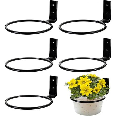 5 Pièces Anneau de Support de Pot de Fleur Support de Jardinière Mural -Pot Mural en Métal pour Interieur Extérieur Terrasse Balcon Jardin (Noir) (1/5)