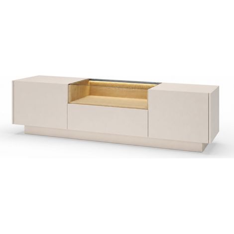 Mobile TV Moderno Con 2 Ante 1 Cassetto Push To Open Vano A Giorno Con LED E Ripiano In Vetro Temperato Per Soggiorno Zona Living 176.4 X 39.5 X 43.4 Cm Cashmere (1/5)