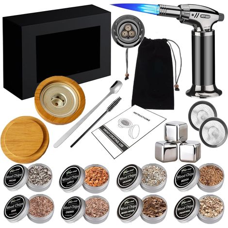 Kit para ahumar whisky – Ahumadores de cócteles con virutas de madera natural para fumar 8 sabores, piedras de whisky – Accesorios de barra para bebidas bourbon regalo de queso para hombres padre novi (1/5)