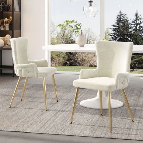 Chaise de Salle à Manger lot de 2 pièces en velours quatre pieds de soutien en métal doré coloris beige chaise lounge (1/5)
