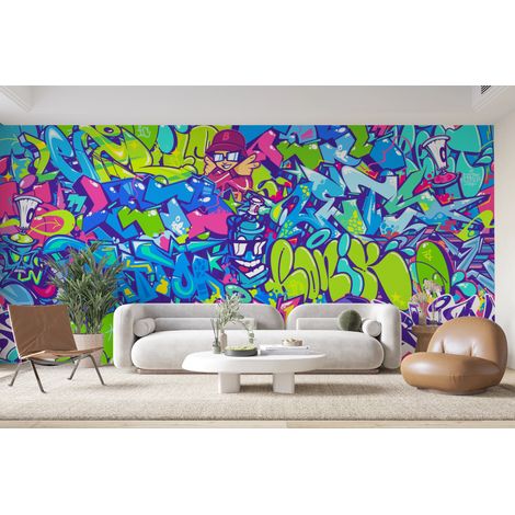 Papier peint graffiti - fresque de street art bleue et jaune - 150 x 250 cm (1/2)