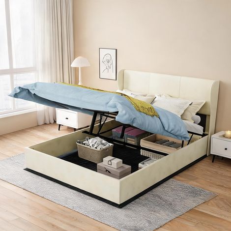 Tête de lit beige en tissu métal 200 x 140 x 133 cm (1/5)