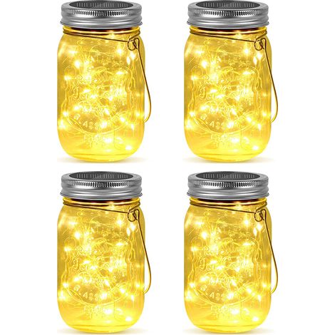 Set mit 4 Solar-Lichterketten in Einmachgläsern, 30 LEDs, hängende Solarlaternen mit Haken und Gläsern, wasserdicht, für die Außendekoration auf Terrasse, Garten, Hof oder Balkon. (1/5)