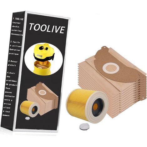 10 sacs d'aspirateur et 1 filtre à poussière adaptés pour aspirateur Kärcher WD2 et MV2. Alternatives pour les sacs filtrants 6.959-322.0 et le filtre à cartouche 6.414-552.0 (1/4)