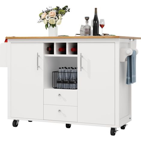 Îlot de cuisine buffet 120 x 73 (45) x 92 cm,meuble de cuisine et chariot avec plan de travail rabattable,porte-serviettes,rangement de porte,casier à vin et étagères réglables,blanc/noir