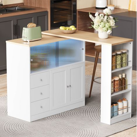 Table de bar extensible 172x40x96 cm avec plateau pivotant 360°, LED RGB et rangements MDF blanc (1/5)