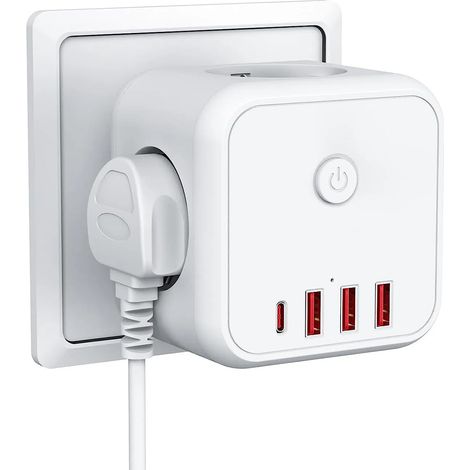 Multiprise USB 7 en 1 avec USB-C, Adaptateur Prise EU 3 Ports + 4 USB, Interrupteur et Protection pour Maison Bureau Voyage (1/5)