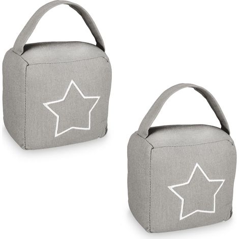 Relaxdays Topes Puerta con Estrella, Pack de 2 Sacos Arena de Tela con Asa, Sujetapuertas, 13x13x8,5 cm, Gris y Blanco