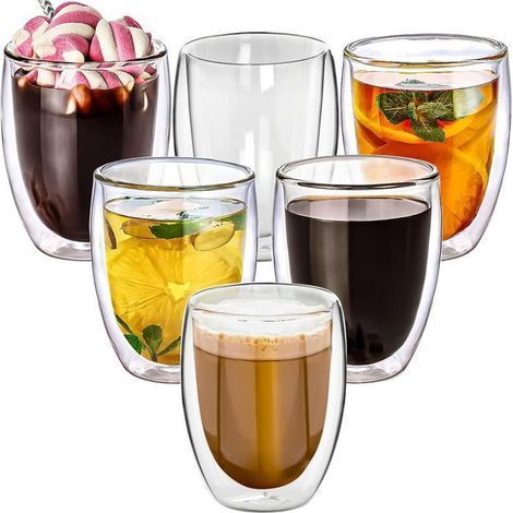 Lot de 6 verres à café double paroi 350 ml en verre borosilicate, sans poignée pour expresso et thé (1/5)