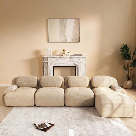 Sofa en velours côtelé beige 4 places avec méridienne en corduroy (1/5)