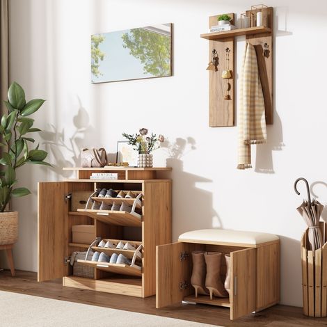 Mueble de Entrada con 5 Puertas, 4 Ganchos, Espejo y Banco Zapatero Tapizado, en Tablero de Partículas, Natural, 140 x 35 x 133 cm (1/5)