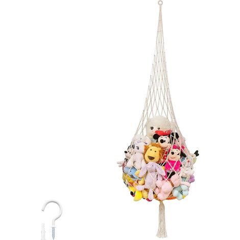 Hamac Peluche, Corde Tressée en Coton Filet Peluche, Blanc Crème Range Doudou, avec Crochet et Tube Extensible, pour Peluches, Oreillers, Ballons de Football (1/5)