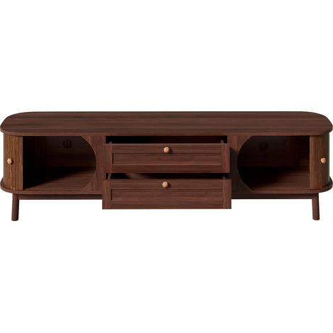 Meuble TV en MDF couleur noyer avec portes coulissantes, tiroirs et pieds en bois, 170 x 46 x 39,5 cm (1/5)